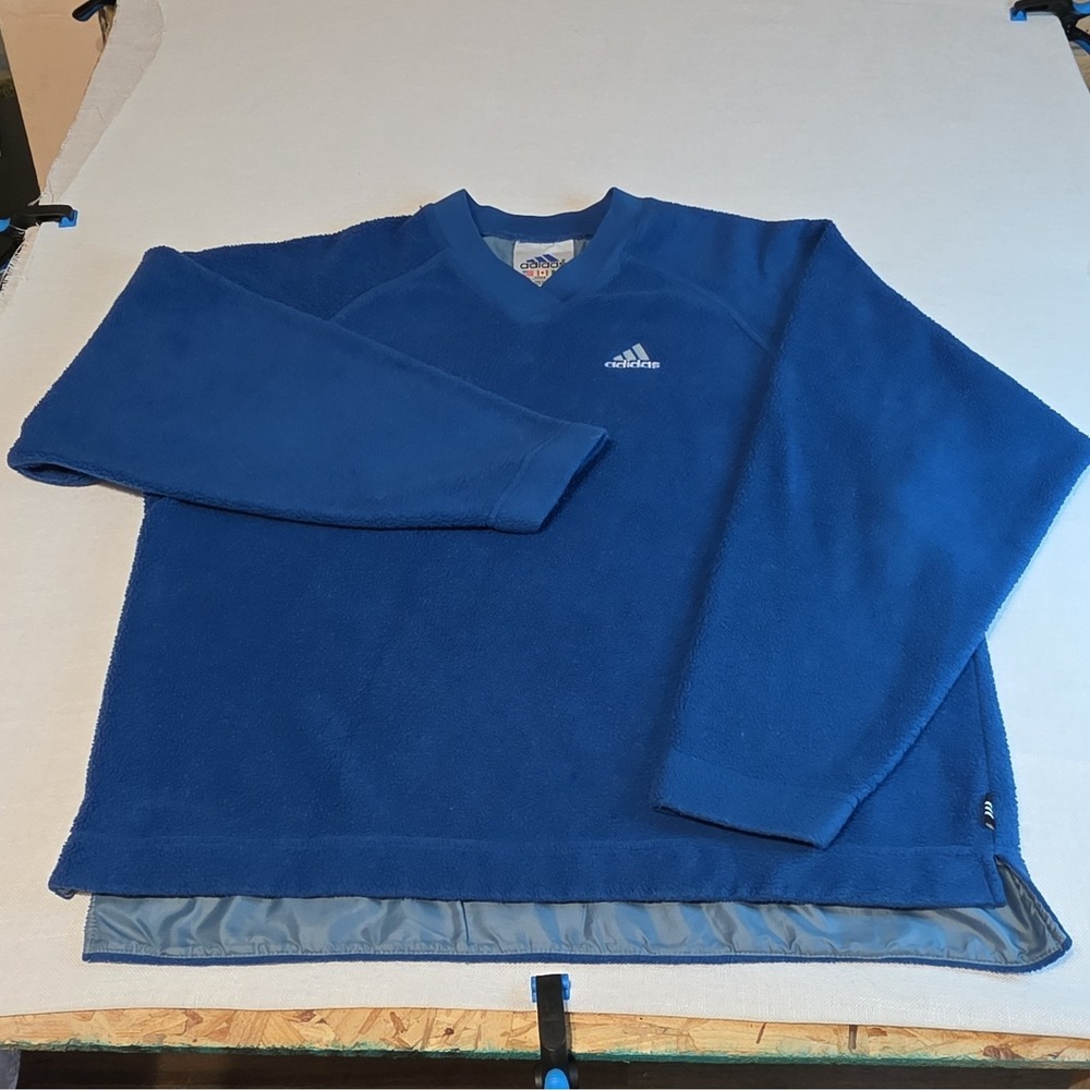 vintage adidas Men's L Blue Fleece V-Neck Pullover Sweatshirt Logo Lightweight
